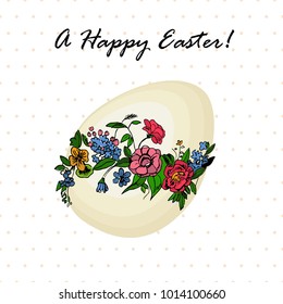 Easter egg with floral decoration.Hand drawn sketch. Vintage style. A Happy Easter card.
