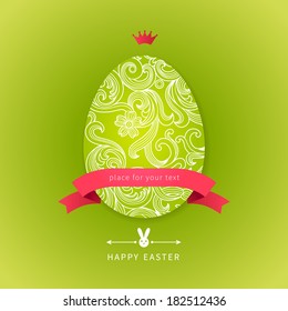 Easter egg with floral elements, ribbons, bunny and place for your text. Template for easter card. Vector Illustration. Easter rabbit. Vector bright spring pattern. 