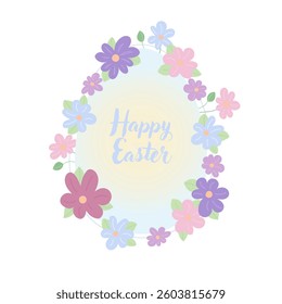 Easter egg floral frame with pastel flowers, isolated on white background