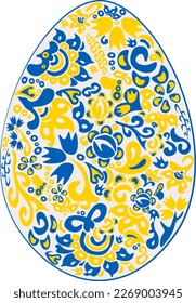 Easter egg with floral motif ornament in Ukrainian flag colors on transparent background