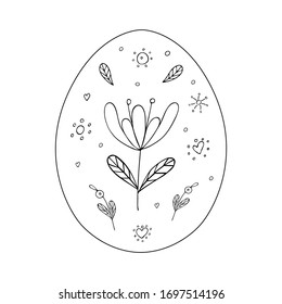Easter egg with floral ornaments. Drawing a black line doodle. Hand drawing. Template image for your decor and design. Vector illustration. Decoration. Coloring.