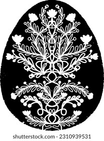 Huevo de Pascua con estampado floral. Elemento negro, superficie áspera, textura gruesa, estilo linocut, estilo escandinavo. Estilo de campo, arte popular. Elementos cortados. Elemento para el diseño.