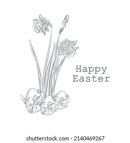 Easter egg with floral pattern and bow on the background of daffodils and grass. Coloring book for children and adults. Decorative element for the design of postcards