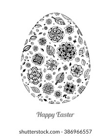 Easter egg with floral pattern. Happy Easter text greeting card. Vector artwork. Coloring book page for adult. Holiday concept for invitation, card, ticket, branding, logo, label, emblem. Black, white