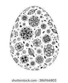 Easter egg with floral pattern. Happy Easter greeting card. Vector artwork. Coloring book page for adult. Holiday concept for invitation, card, ticket, branding, logo, label, emblem. Black and white