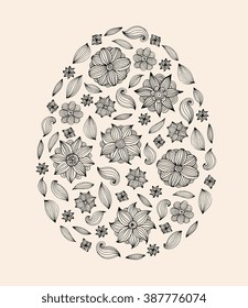 Easter egg with floral pattern. Happy Easter greeting card. Vector artwork. Holiday concept for invitation, card, ticket, branding, logo label, emblem. Black, beige color