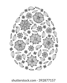 Easter egg with floral pattern. Happy Easter text greeting card. Vector artwork. Coloring book page for adult. Holiday concept for invitation, card, ticket, branding, logo, label, emblem. Black, white