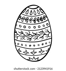 Easter egg with floral pattern isolated on white. Hand drawn black outline sketch in doodle style. Single vector element for spring holiday design, cute baby print, greeting card.
