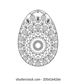 Easter egg with a floral pattern on a white background. Isolated decorative element. Coloring book for children and adults