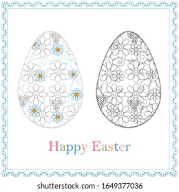 Huevo de Pascua con textura floral, aislado de fondo blanco, colorante vectorial, hecho en forma de una carta con un marco y la inscripción feliz Pascua