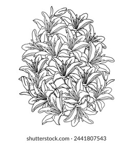 Fondo de la flor del huevo de Pascua, elementos florales dibujados a mano para las vacaciones de primavera. Composiciones de arte en blanco y negro para colorear la página. Ilustraciones vectoriales para tarjetas o invitaciones