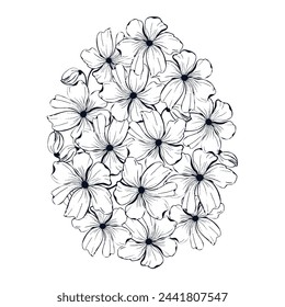 Easter egg flower background, hand drawn floral elements for spring holiday. Black and white line art compositions for coloring page. Vector illustrations for card or invitations