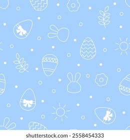 Easter egg, flower, branch, sun and rabbit seamless icons vector pattern. Happy Easter with bunny cartoon design for cards, fabric, wrapping, textile, wallpaper, background, paper gift, phone case.