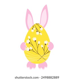 Easter egg with flower decor and soft pink bunny ears and paws behind. Greeting design element idea