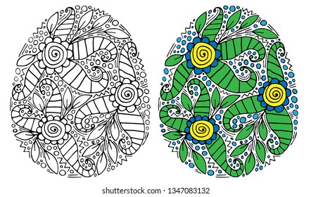 Easter Egg with flower and leaf for coloring book or page and other design. Isolated Easter egg.
