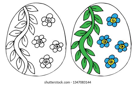 Easter Egg with flower and leaf for coloring book or page and other design. Isolated Easter egg.