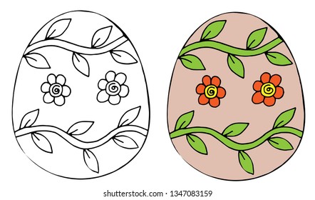 Easter Egg with flower and leaf for coloring book or page and other design. Isolated Easter egg.