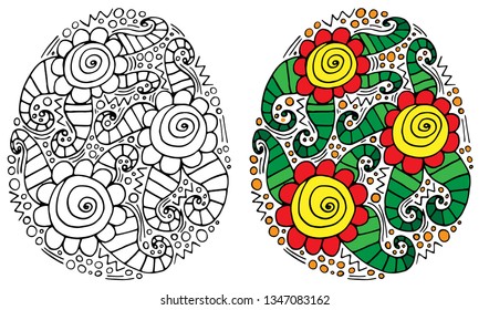 Easter Egg with flower and leaf for coloring book or page and other design. Isolated Easter egg.