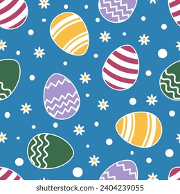 Huevo de Pascua, flor, salida y puntos sin fisuras patrón vectorial. Textura de huevos pequeños pintados. Diseño de plantilla para tarjetas, saludos, tela, envoltura, textil, papel de pared, fondo, regalo de papel, estuche de teléfono.