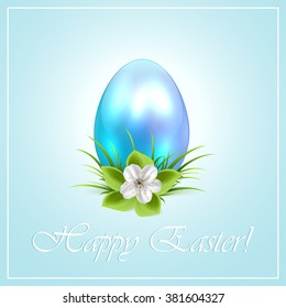 Easter egg with flower on blue background, illustration.