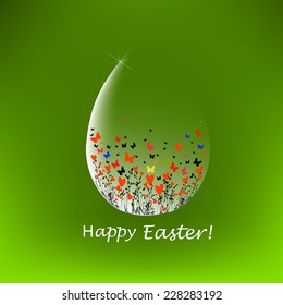 Easter egg with flowers and butterflies. Happy Easter green greeting card. Vector 