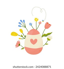 Easter egg with flowers, concept in cartoon style for card, print, sticker, postcard. Vector illustration on white background.