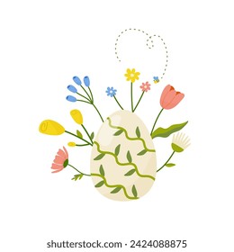 Easter egg with flowers, concept in cartoon style for card, print, sticker, postcard. Vector illustration on white background.