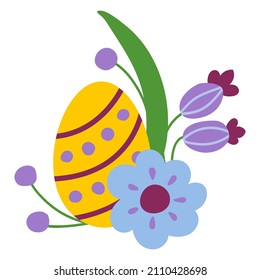 Easter egg with flowers. Drawn style. White background, isolate. Vector illustration.