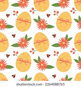 Easter egg, flowers and leaves around. Seamless pattern. Can be used to fill the background of a web page, textile, wrapping paper. Vector