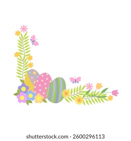 Easter egg, flowers, leaves, butterfly decorated holiday corner festive arrangement, hand drawn vector illustration for springtime celebration decor, greeting cards, invitations, banners, web design
