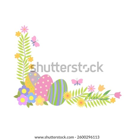 Easter egg, flowers, leaves, butterfly decorated holiday corner festive arrangement, hand drawn vector illustration for springtime celebration decor, greeting cards, invitations, banners, web design