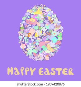 Easter egg  and flowers. Lettering. Festive postcard.