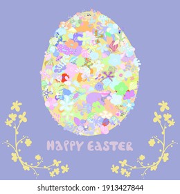 Easter egg and flowers. Lettering. Festive card.