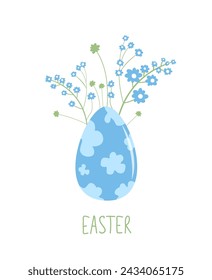 Huevo de Pascua con flores y letras aisladas sobre fondo blanco. Símbolo de día festivo pintado con texto para tarjeta. Ilustración plana vectorial.