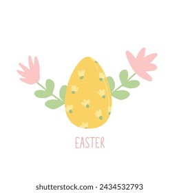 Easter egg with flowers and lettering isolated on white background. Painted holiday symbol with text for card flyer. Vector flat illustration.