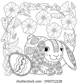 Easter egg in flowers. Little bunny collecting painted eggs among flowers, a black and white vector illustration for a coloring book. Art therapy coloring page.