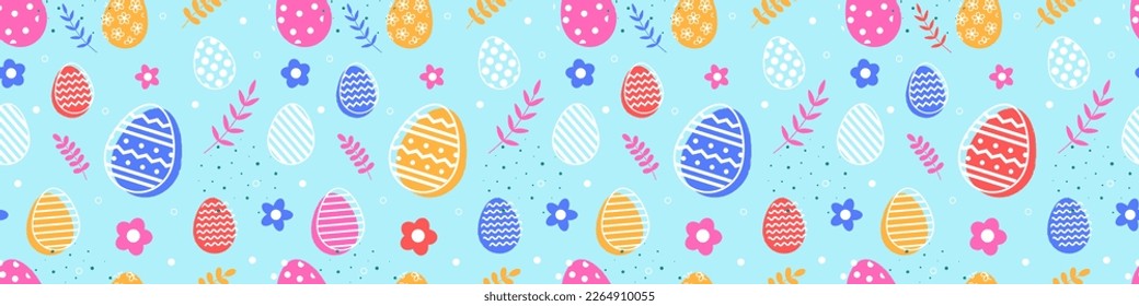 Easter egg with flowers on blue background. Design of a seamless pattern. Banner. Vector illustration