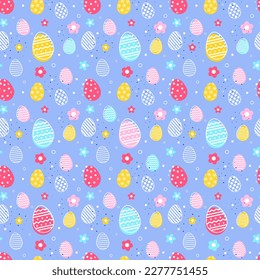 Easter egg with flowers on blue background. Design of a seamless pattern. Vector illustration