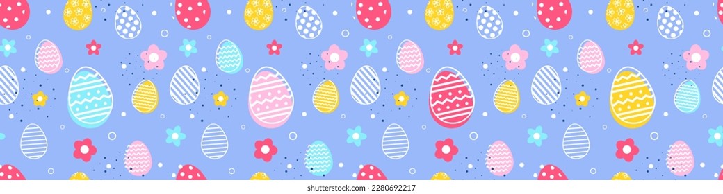 Easter egg with flowers on blue background. Design of a seamless pattern. Banner. Vector illustration
