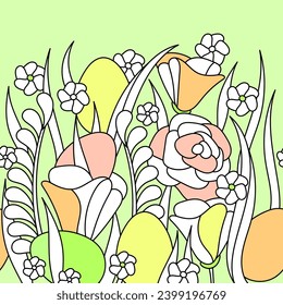 Huevo de Pascua y flores. Frontera perfecta. Ilustración vectorial dibujada a mano.