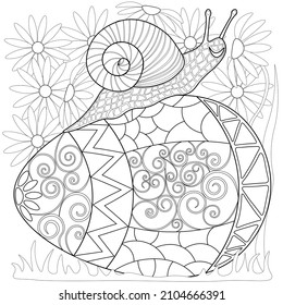 Easter egg, flowers, snail, ornament, white background. Colouring page, line art, vector.