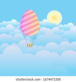 An Easter egg flying in the sky above the clouds, like a balloon.