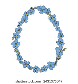 Easter egg forget me not wild little blue flower pattern for surface design. Hand drawn floral vector spring frame for card or invitations.