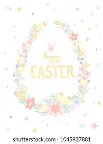 Easter egg in the form of a frame of spring flowers with a congratulation and a cute little face of a rabbit, painted by hand in a palette on a white background. vector illustration or greeting card.
