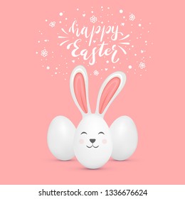 Easter egg in the form of a rabbit with lettering Happy Easter on pink background, illustration.