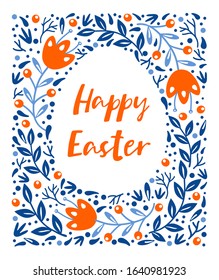 Easter egg frame with contour flowers, leaves and lettering. Vector illustration drawing in folk style. Template for design, greeting cards, festive announcements, posters. 
