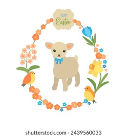 Easter egg frame. Floral border with cute lamb vector illustration. Spring birds and flowers blossom. Fun print cartoon design for Happy Easter greeting card, poster, invitation.