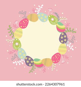 Easter egg frame with flowers on a pink background.