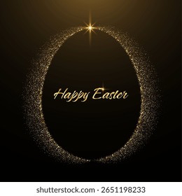 Easter egg frame. Gold glitter border. Elegant Easter decor. Luxury eggs design for holiday greeting card. Vector illustration eps10.