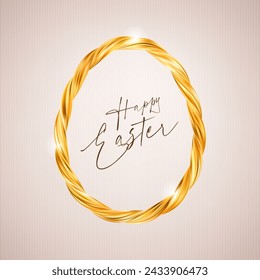 Easter egg frame. Gold twisted braided rope border. Elegant thin line decor. Realistic golden luxury decoration. Typographic calligraphic lettering greeting card. 3d vector illustration eps10.